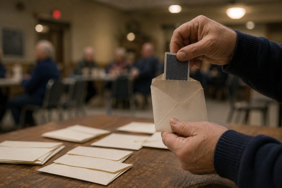 A hand drawing a face-down playing card out of an opened envelope at a draw, with the remaining sealed envelopes on the table