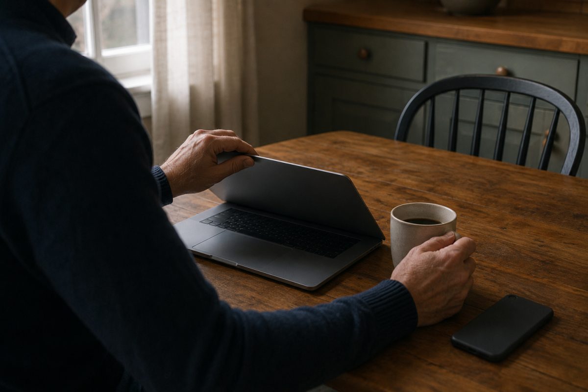 An adult at a kitchen table closing a laptop, a mug of coffee and a phone lying face down beside it