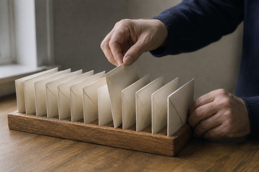A hand lifting one sealed envelope out of a row of identical envelopes standing in a wooden holder